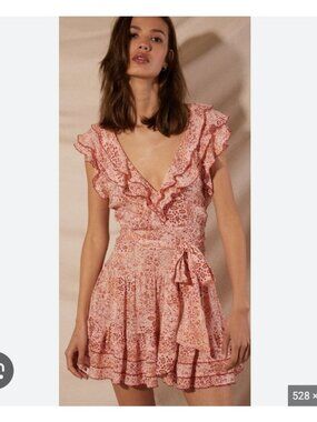 Poupette St Barth Della Dress Womens Medium Pink Paisley Ruffle Wrap Sundress